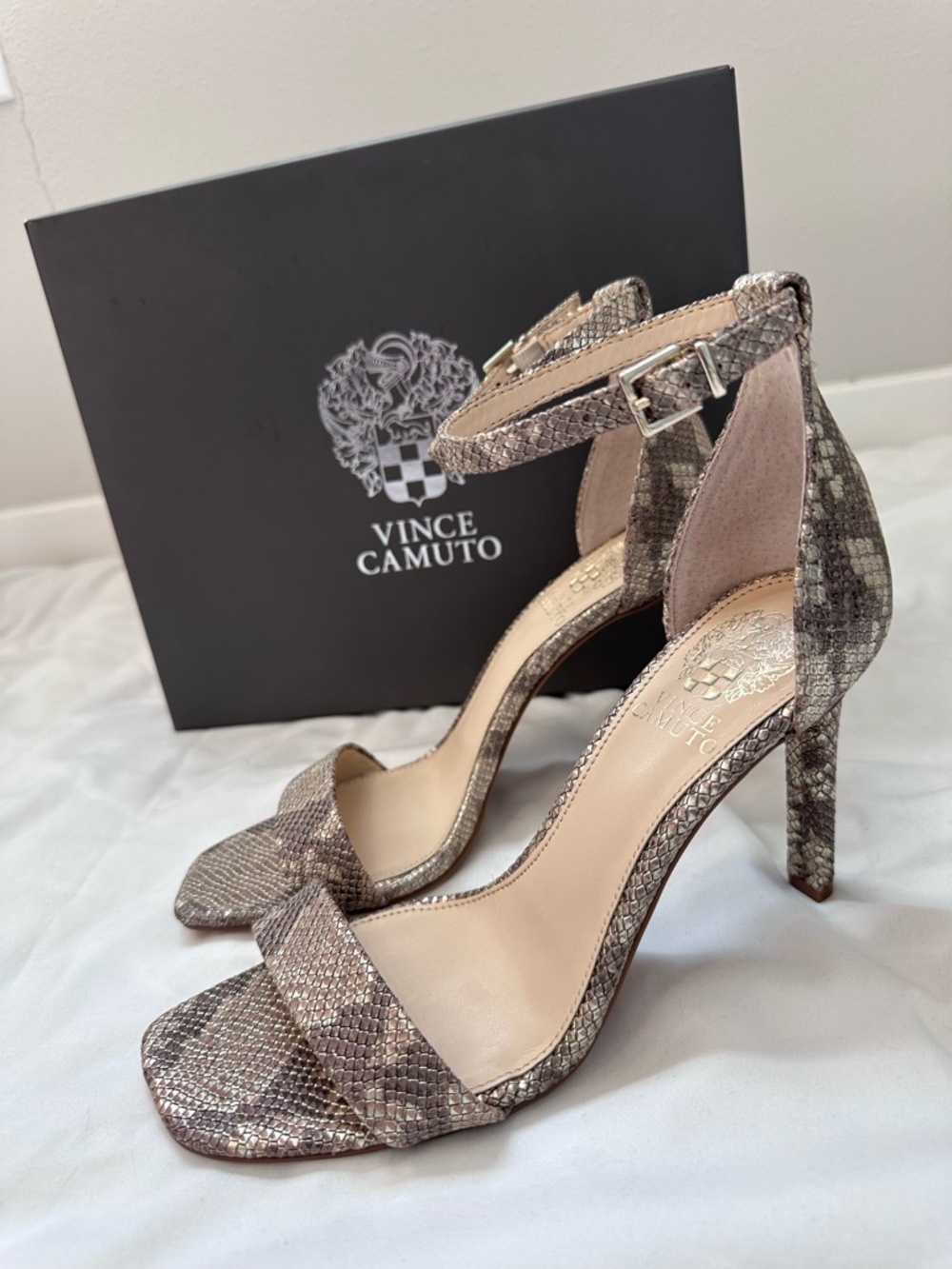 Vince Camuto Taupe Snake-Print Ankle Strap Sandal